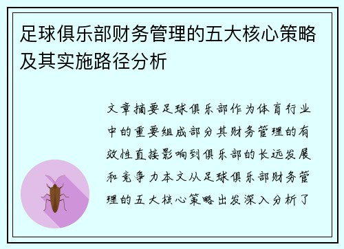 足球俱乐部财务管理的五大核心策略及其实施路径分析