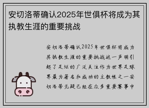 安切洛蒂确认2025年世俱杯将成为其执教生涯的重要挑战